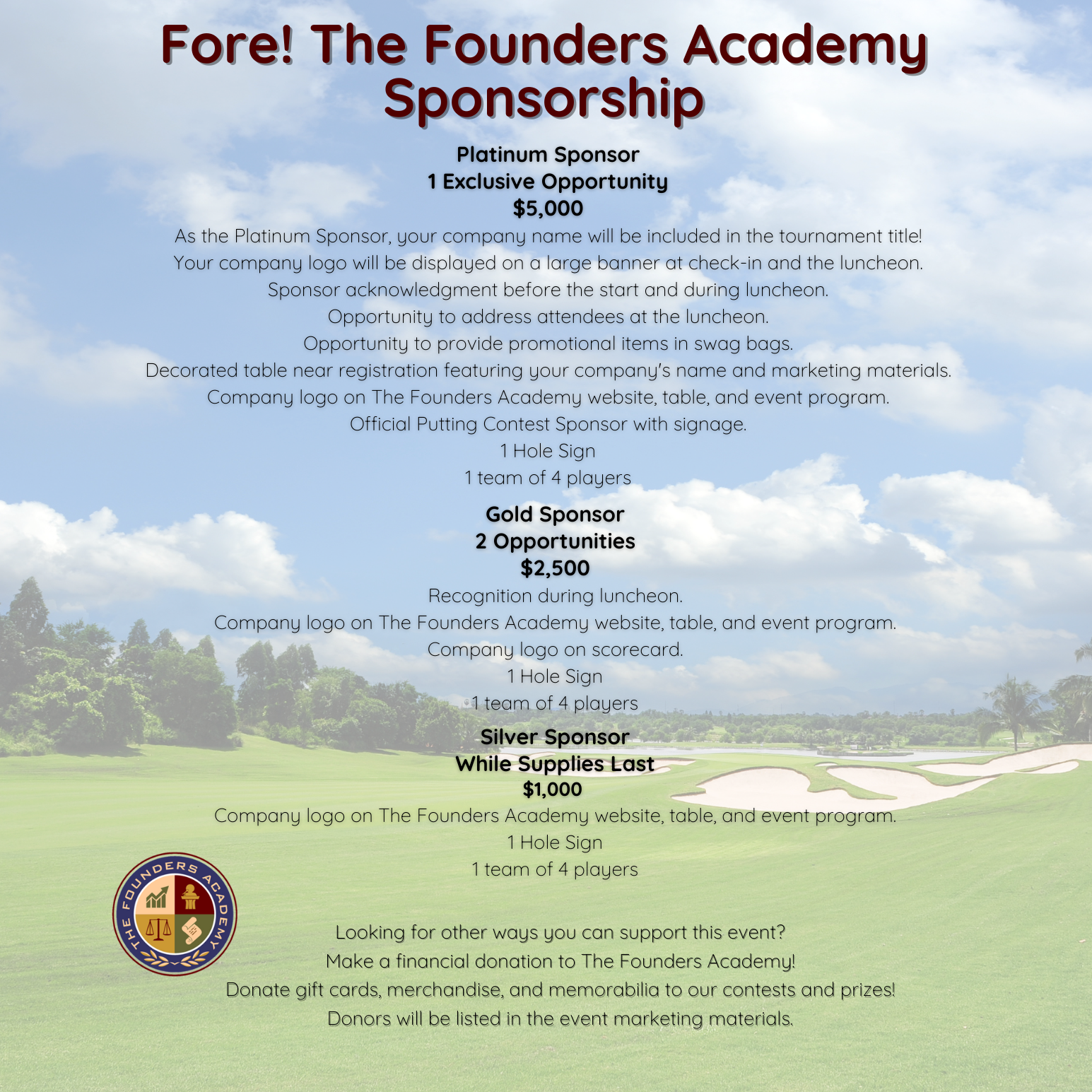 Fore! The Founders Academy's 2nd Annual Golf Tournament - Default Image of Platinum Sponsorship