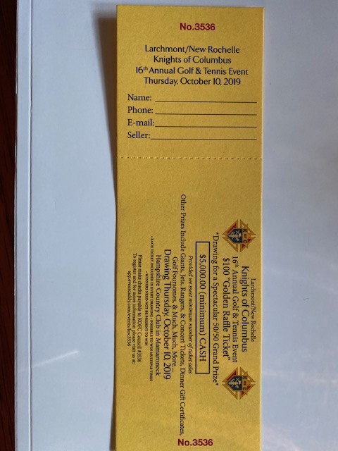 16th Annual Knights of Columbus Council 3536 Golf and Tennis Fundraiser - Default Image of 50/50 BONUS RAFFLE TICKET