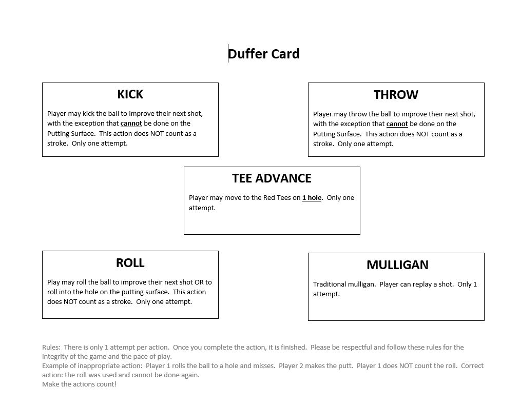 Image of 4 Duffer Card Package: Kick, Throw, Roll, Mulligan, Tee Advance